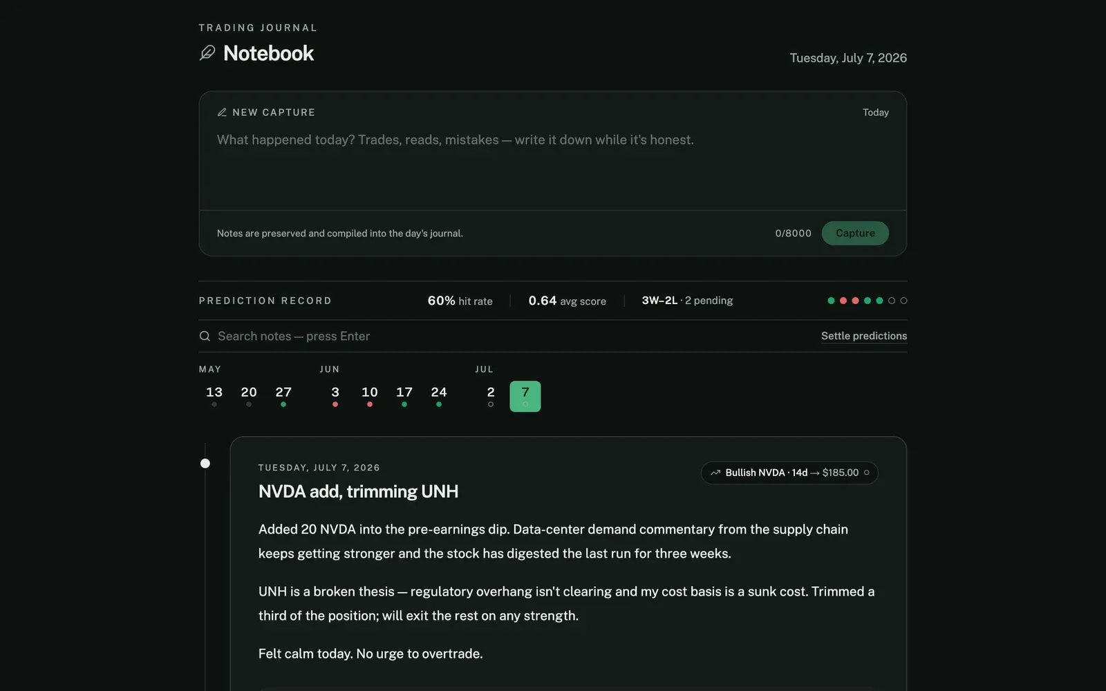 BearBank trading journal with sample data: a note field, a prediction record with its hit rate, and a dated journal entry.