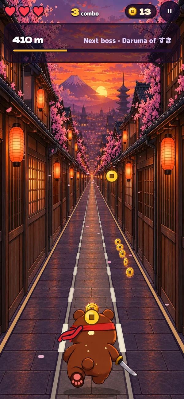 Kana Dash: the bear collects coins on the road between gates.